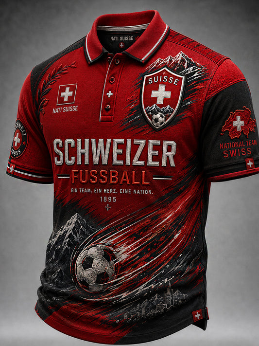 Retro Swiss Football Fan Art Print Casual Polo Shirt