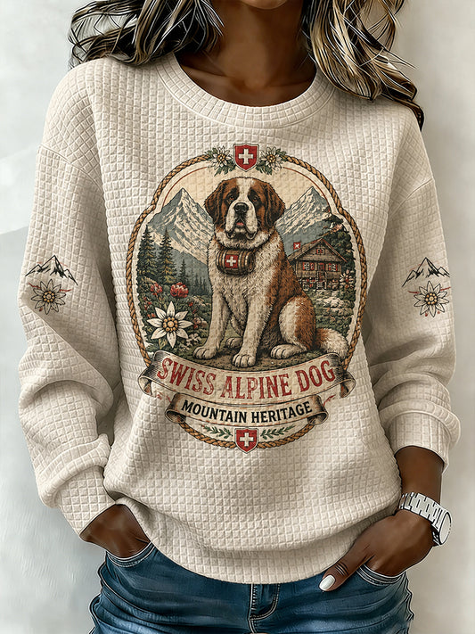 Women's Snow Mountain Animal Print Waffle Long-Sleeve Sweatshirt