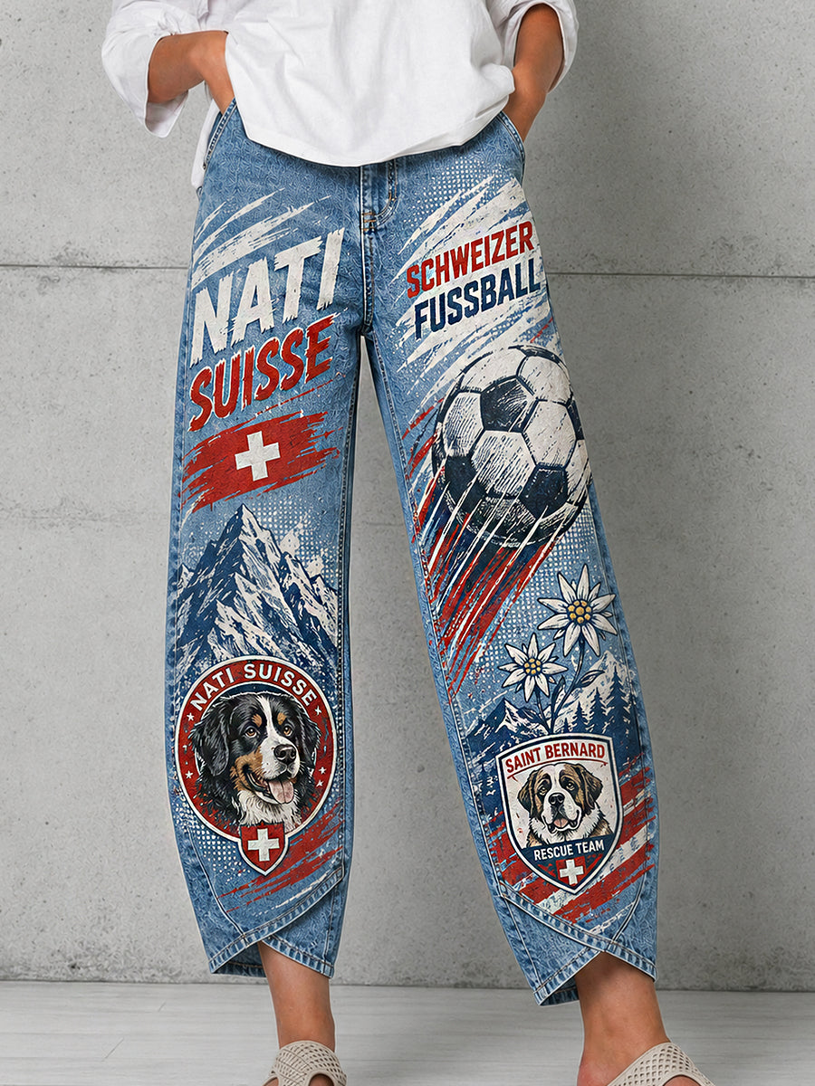 Retro Swiss Football Fan Art Print Casual Jeans