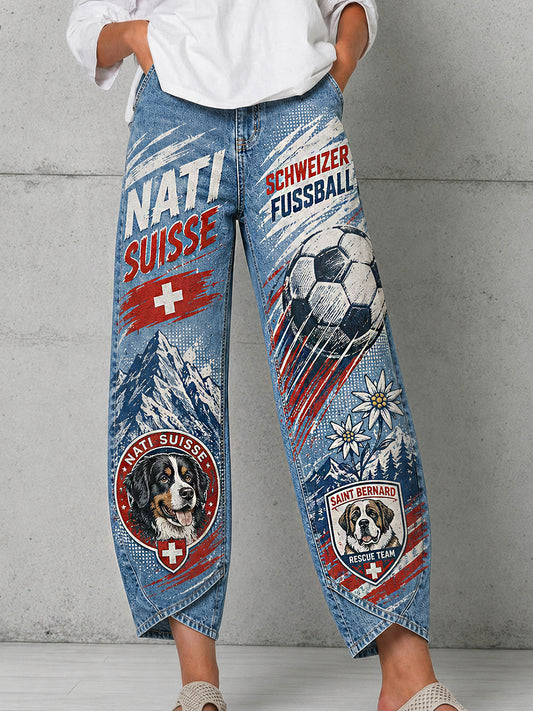 Retro Swiss Football Fan Art Print Casual Jeans