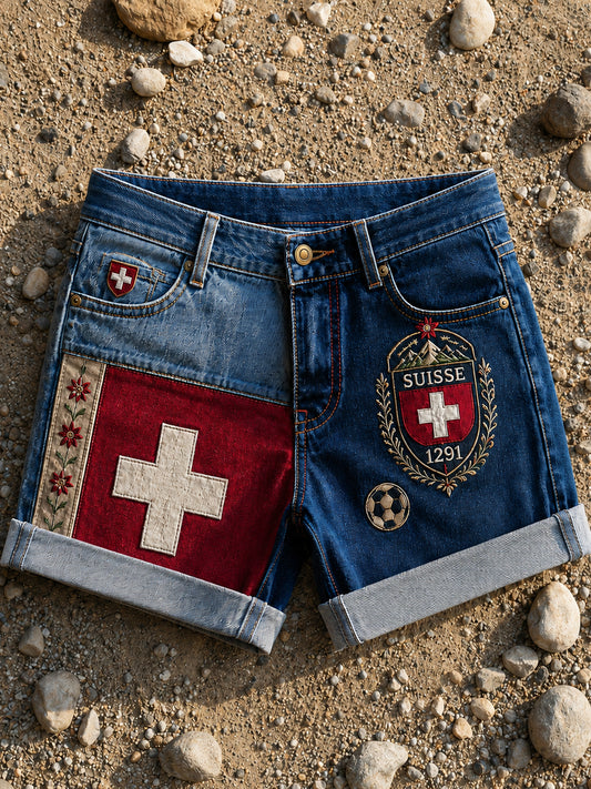 Retro Swiss Football Fan Art Print Casual Jeans