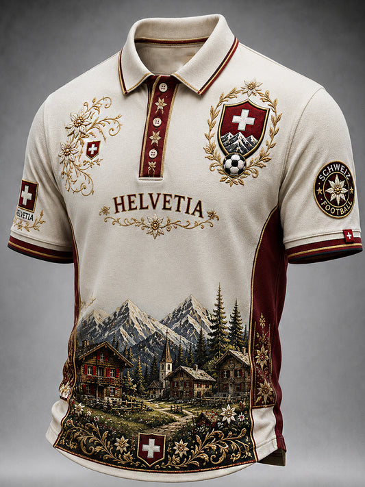 Retro Swiss Football Fan Art Print Casual Polo Shirt