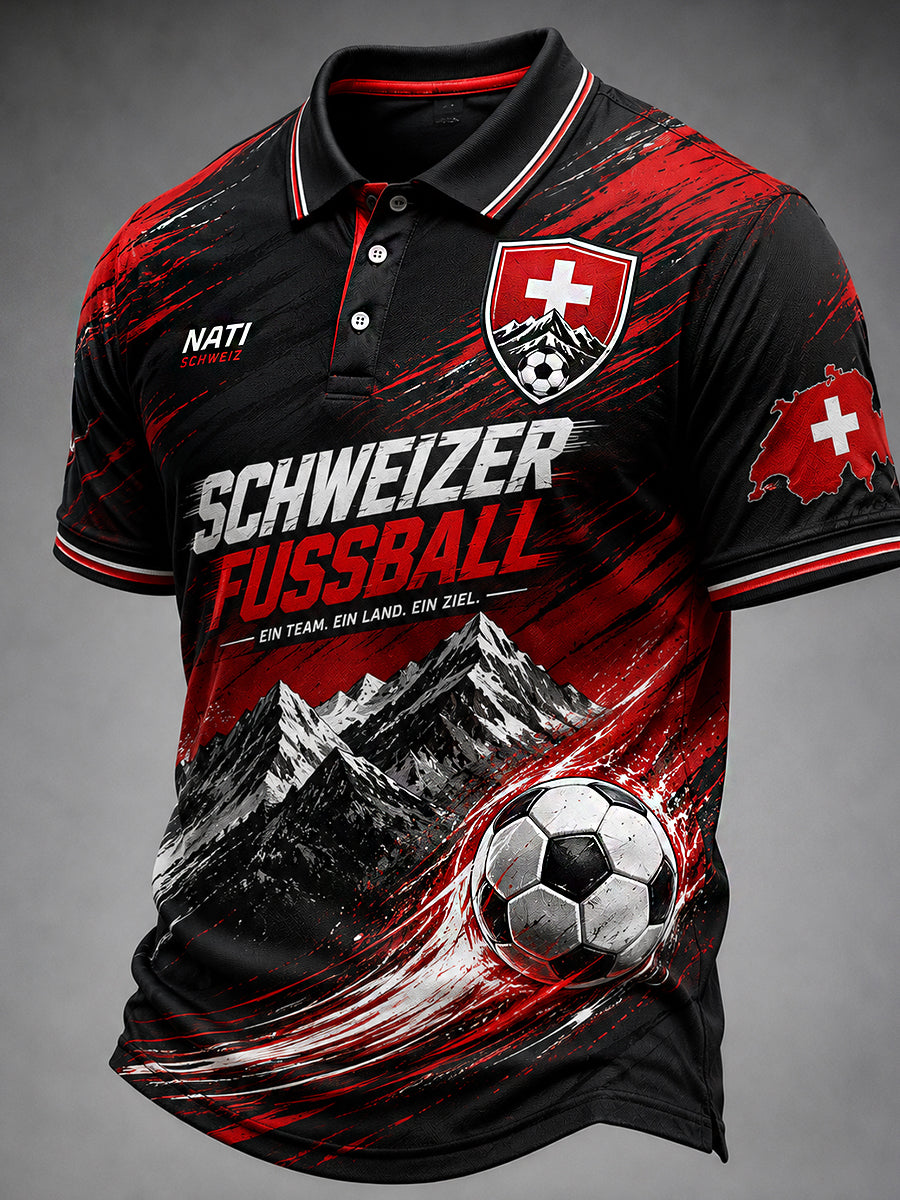 Retro Swiss Football Fan Art Print Casual Polo Shirt