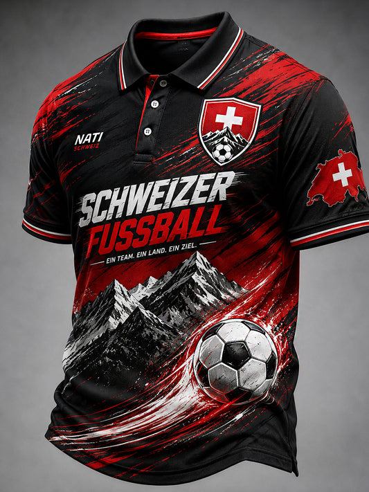 Retro Swiss Football Fan Art Print Casual Polo Shirt