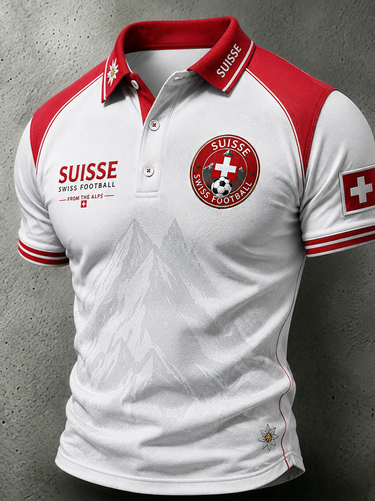 Retro Swiss Football Fan Art Print Casual Polo Shirt