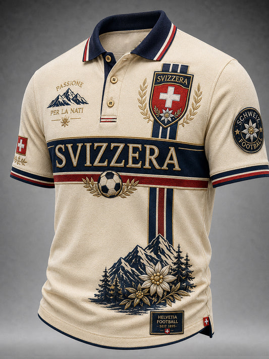 Retro Swiss Football Fan Art Print Casual Polo Shirt