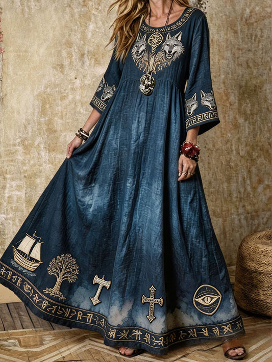 Women's Viking Style Nordic Art Printed Linen Dress