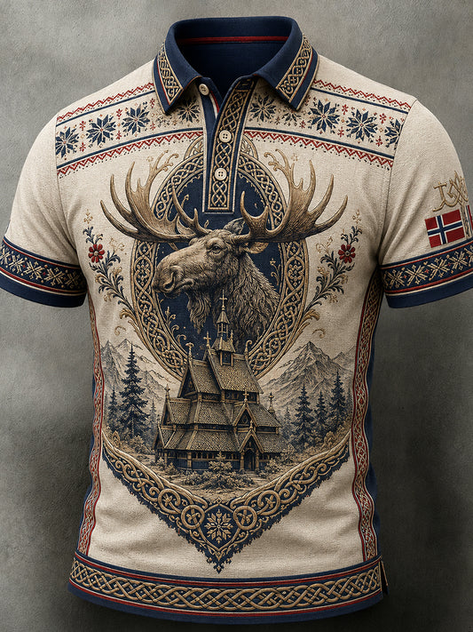 Men's Retro Nordic Style Norwegian Art Print Casual Polo Shirt