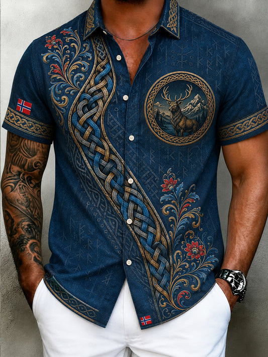 Men's Retro Nordic Style Norwegian Art Print Casual Cotton Linen Shirt