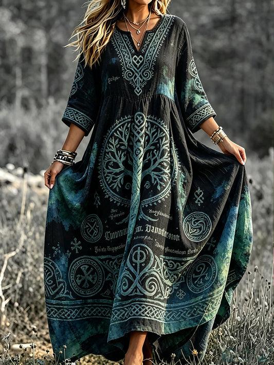 Women's Viking Style Nordic Art Printed Linen Dress
