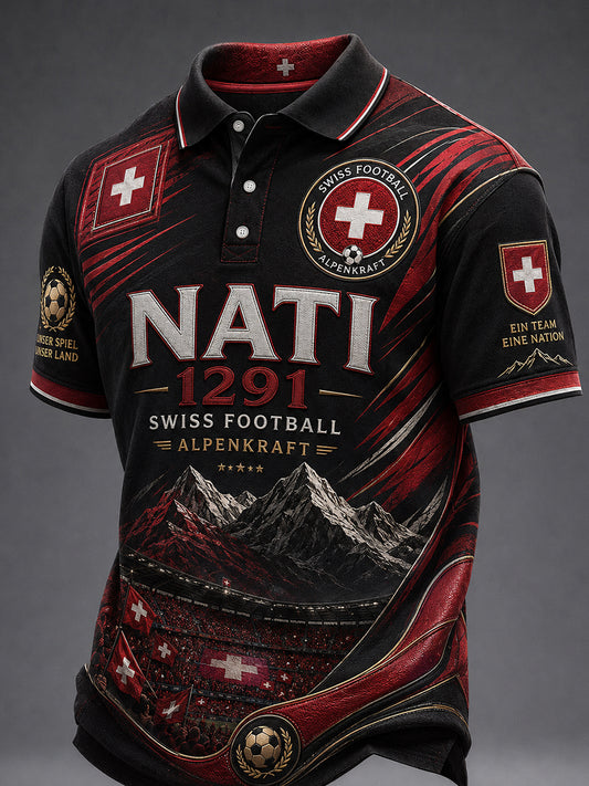 Retro Swiss Football-Themed Casual Jersey with Embroidered Floral Print