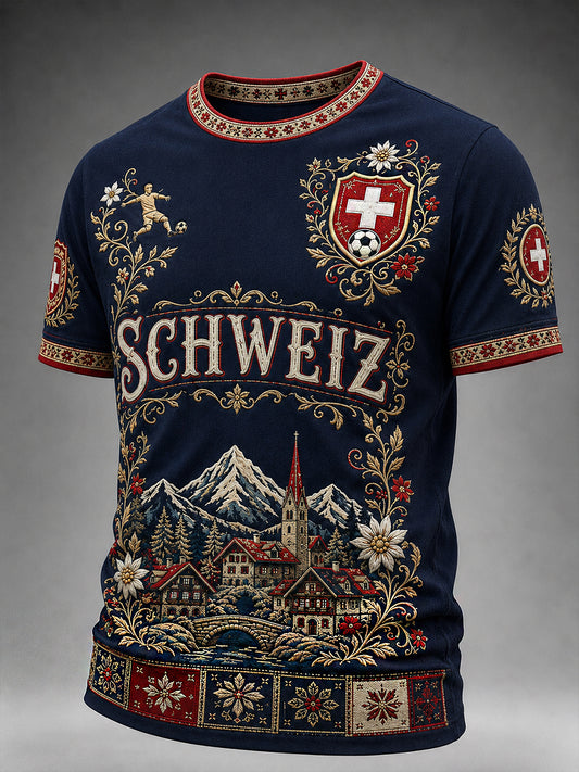 Retro Swiss Football-Themed Casual Jersey with Embroidered Floral Print