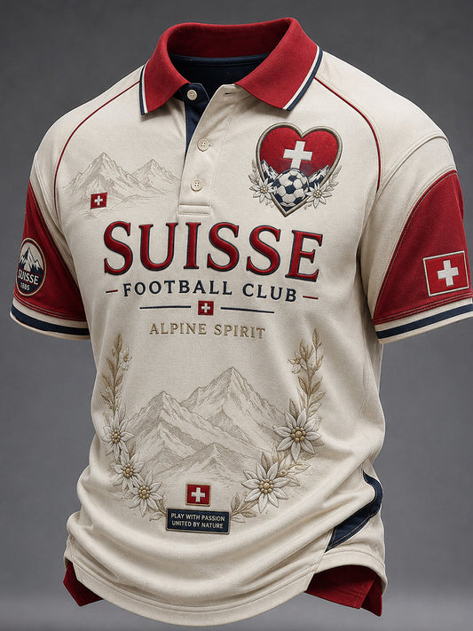 Retro Swiss Football-Themed Casual Jersey with Embroidered Floral Print