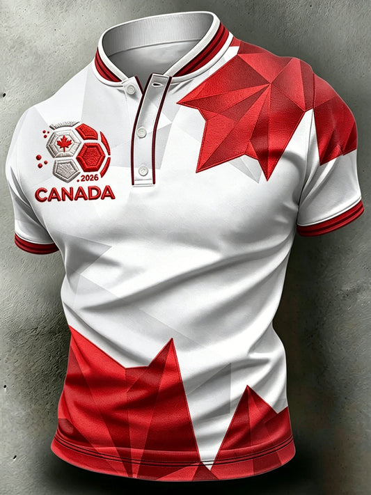 Men's Canada Soccer Printed Stand Up Collar Short Sleeved T-shirt