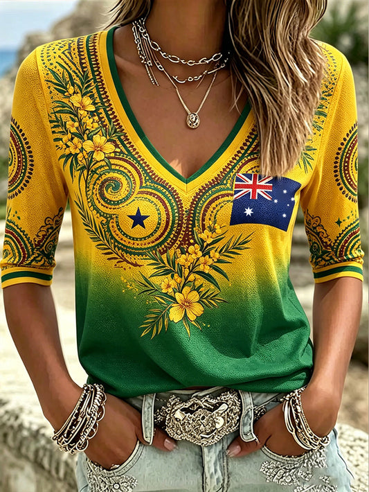Women's Australia Football Lover Art Printed V-Neck T-Shirt