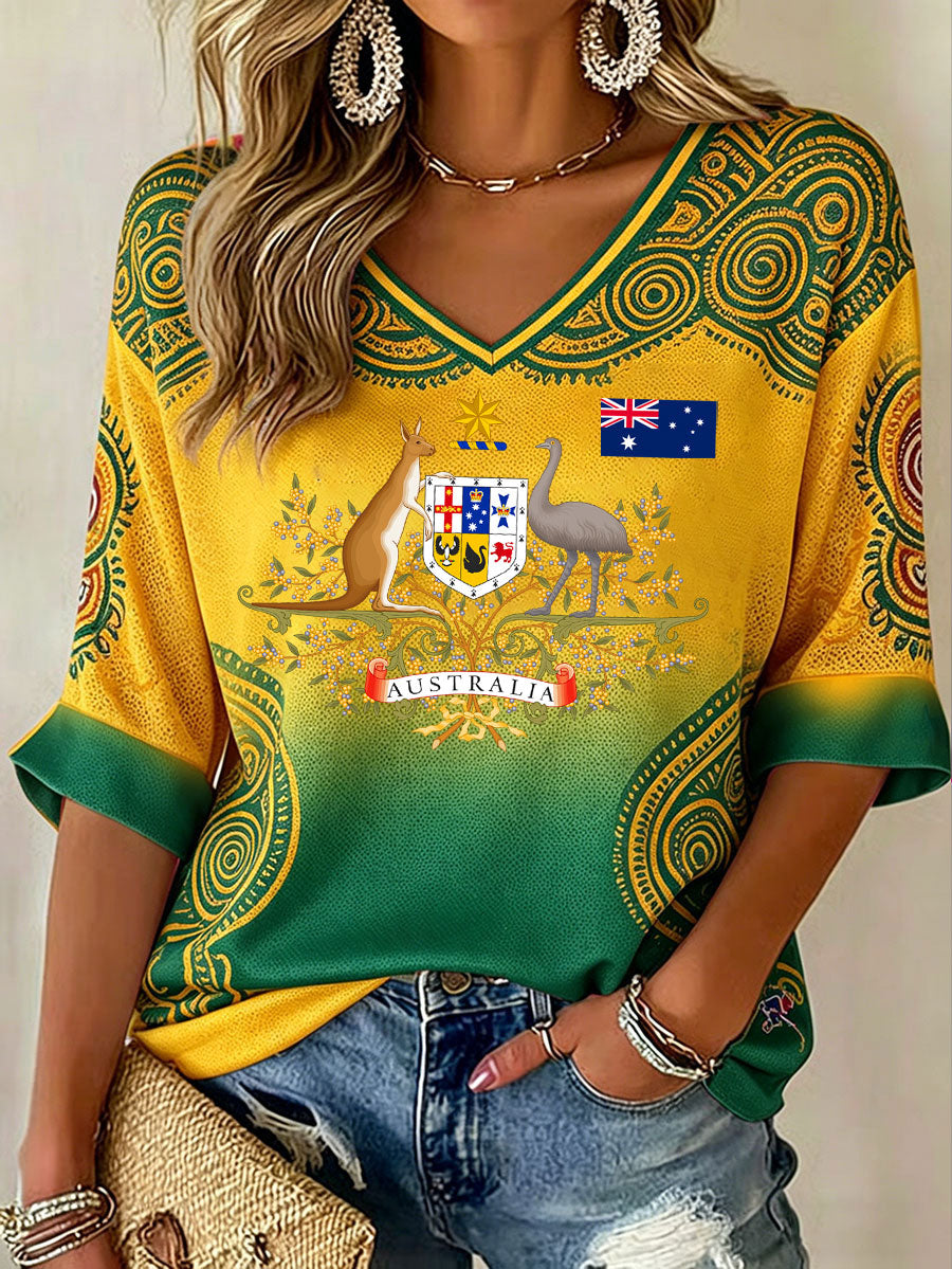 Women's Australia Football Lover Art Printed V-Neck T-Shirt