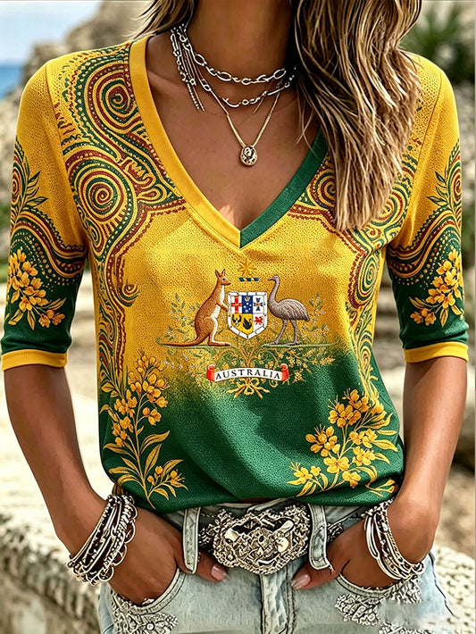 Women's Australia Football Lover Art Printed V-Neck T-Shirt