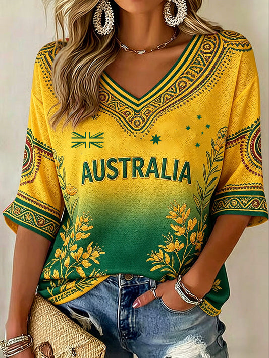 Women's Australia Football Lover Art Printed V-Neck T-Shirt
