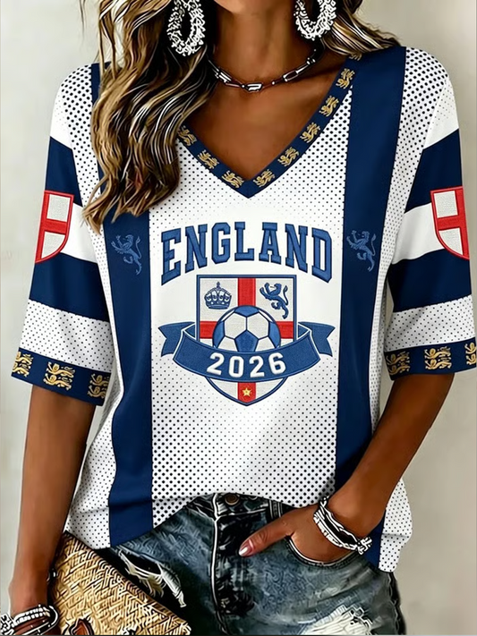 Women's UK Football Lover England Printed Mid-length Sleeves V-Neck T-Shirt