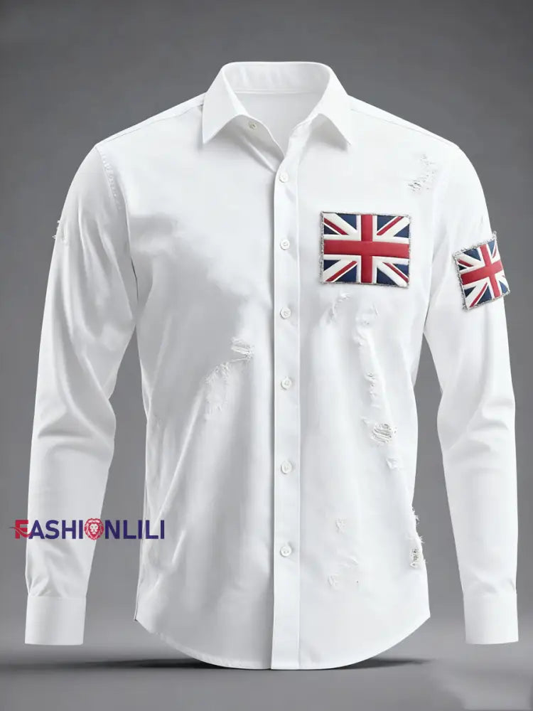 Unisex British Flag Patchwork Printed Shirt White / S