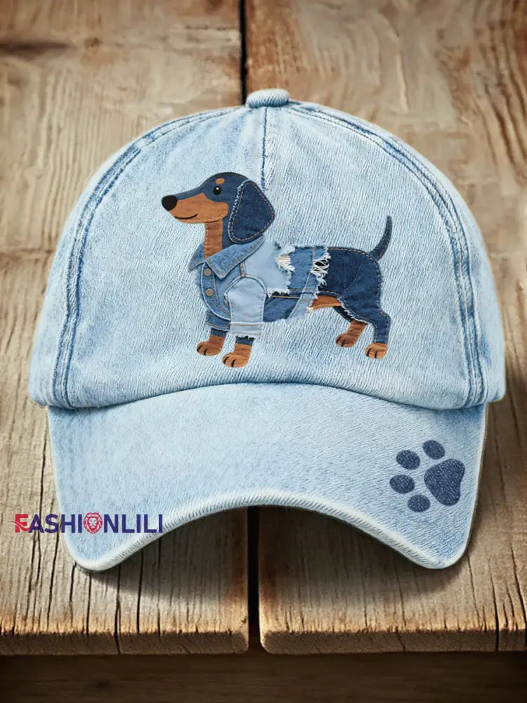Unisex Denim Patchwork Art Dachshund Dog Pattern Washed Hat Light Blue / ONE