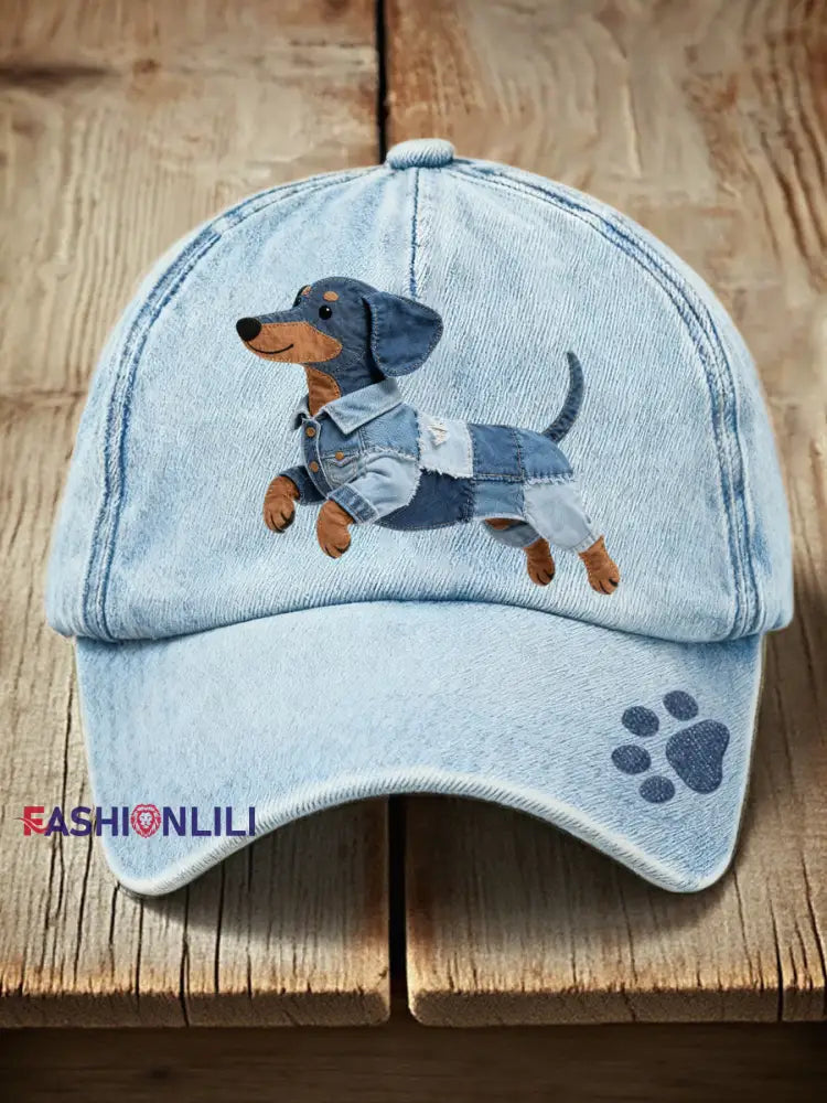 Unisex Denim Patchwork Dachshund Dog Pattern Hat Blue / ONE