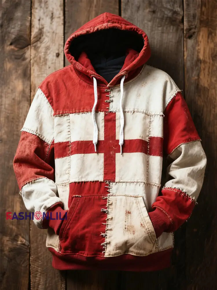 Unisex England flag and patchwork style Printed Oversized Drop-Shoulder Hoodie with Pockets As picture / S