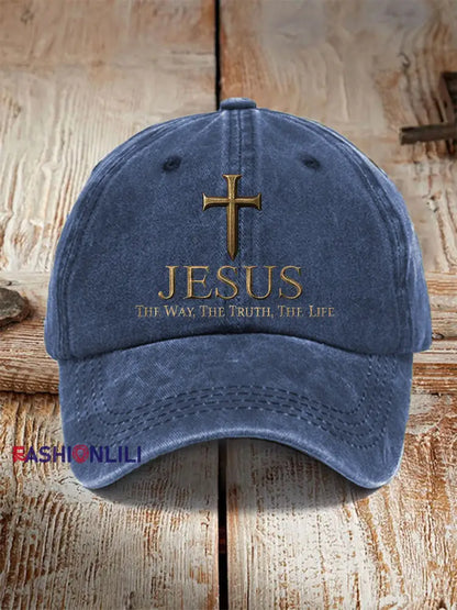 Unisex Jesus The Way The Truth The LifeCross Faith Print Hat Navy Blue / ONE