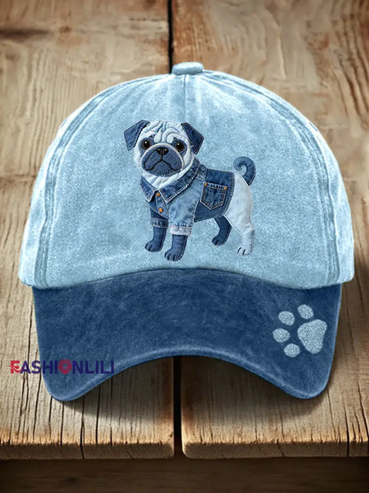 Unisex Lovely Pug Dog Denim Patchwork Pattern Hat Blue / ONE