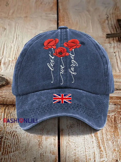 Unisex Remembrance Day Lest We Forge Print Hat Navy Blue / ONE