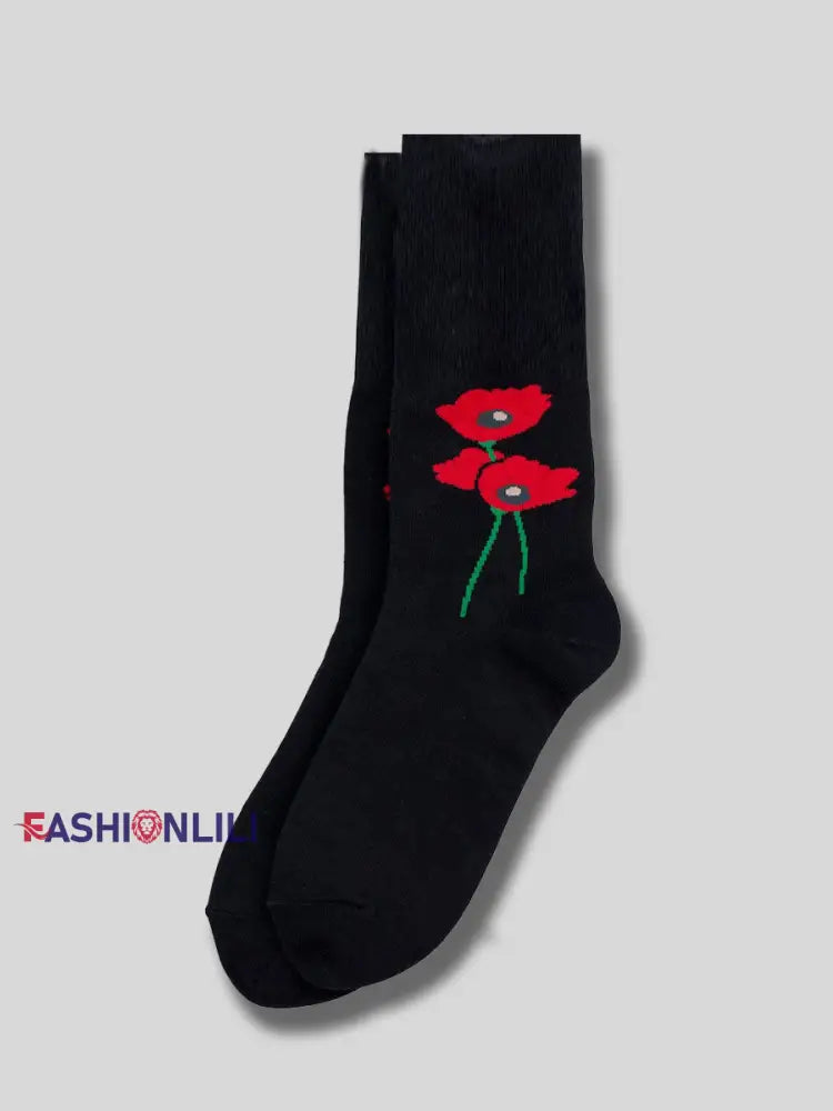Unisex Remembrance Day Red Poppies Socks Black / ONE