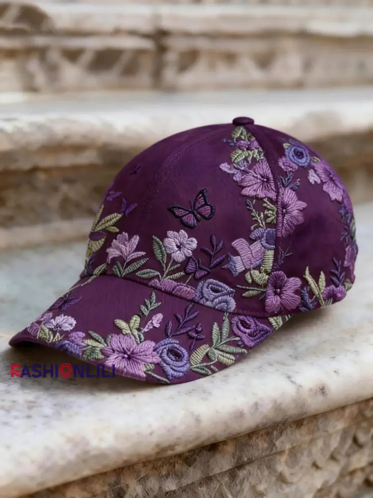 Unisex Retro Bohemian Floral Print Casual Hat Deep Purple / ONE