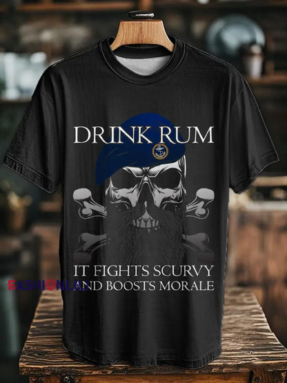 Unisex Royal Navy Veteran Drink Rum Printed T-shirt Black / S