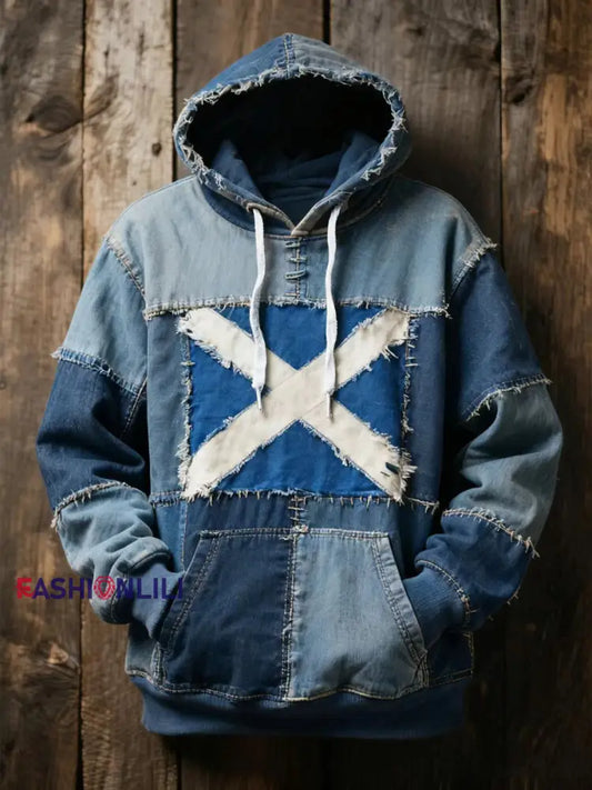 Unisex Scottish flag and patchwork style Printed Oversized Drop-Shoulder Hoodie with Pockets Blue / S