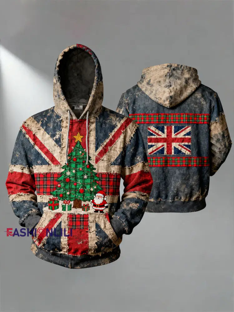 Unisex UK Flag Christmas Santa Printed Hoodie Blue / S
