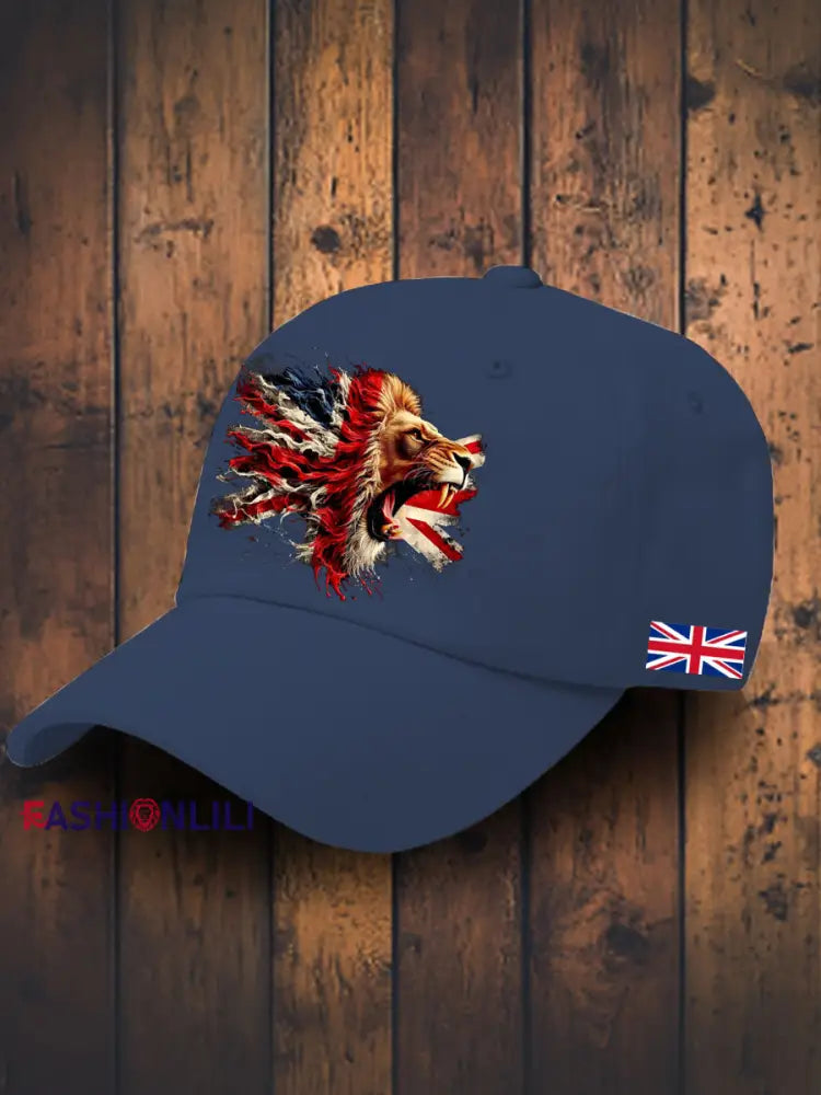 Unisex UK Flag Lion Printed Hat Navy Blue / JM
