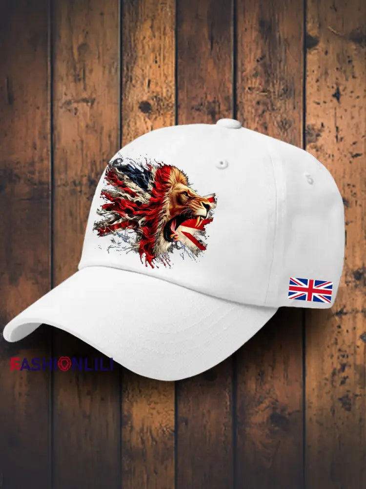 Unisex UK Flag Lion Printed Hat White / JM