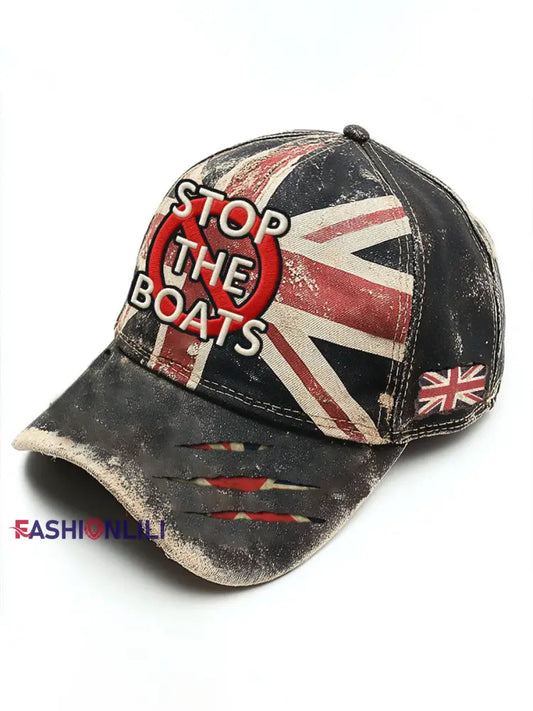 Unisex UK Flag Stop The Boats Print Hat Black / ONE