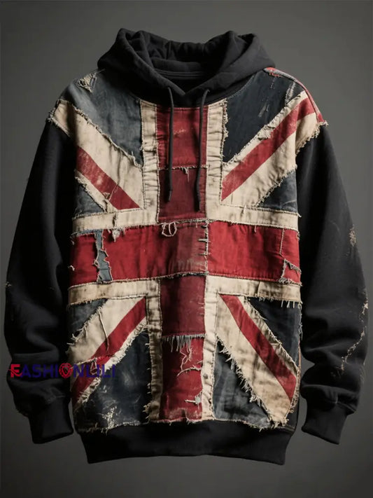 Unisex Union Jack and patchwork printed Drop-Shoulder Hoodie (No Pockets) Black / S
