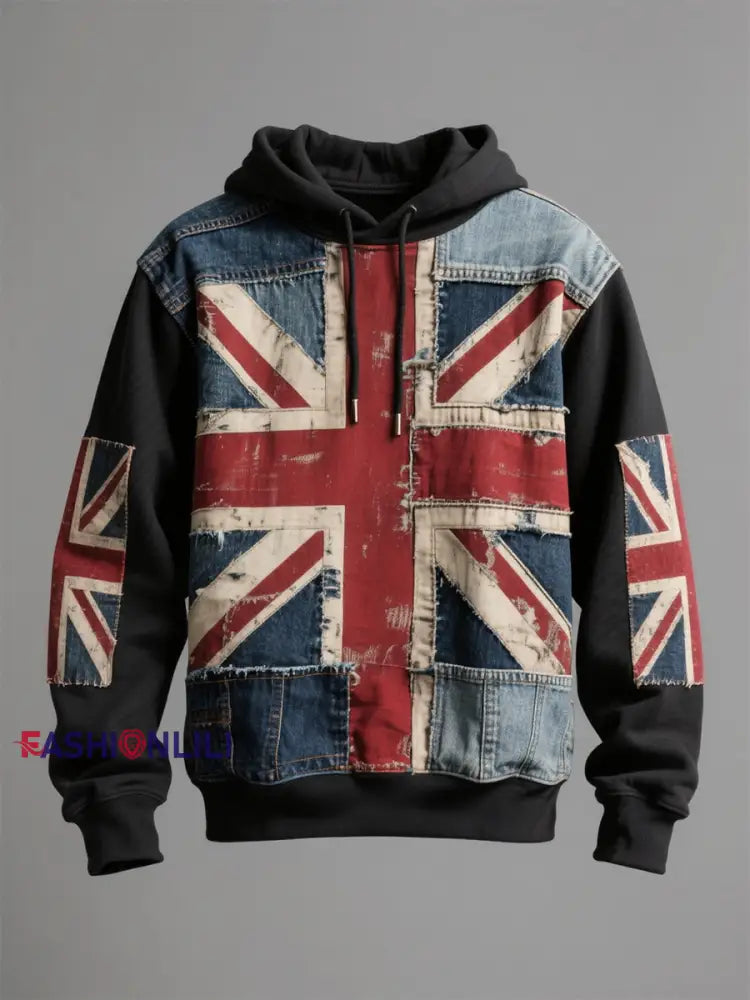 Unisex Union Jack and patchwork printed Drop-Shoulder Hoodie (No Pockets) Black / S