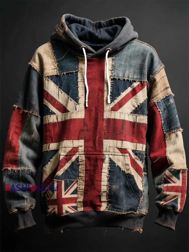 Unisex Union Jack and patchwork printed Oversized Drop-Shoulder Hoodie with Pockets As picture / S