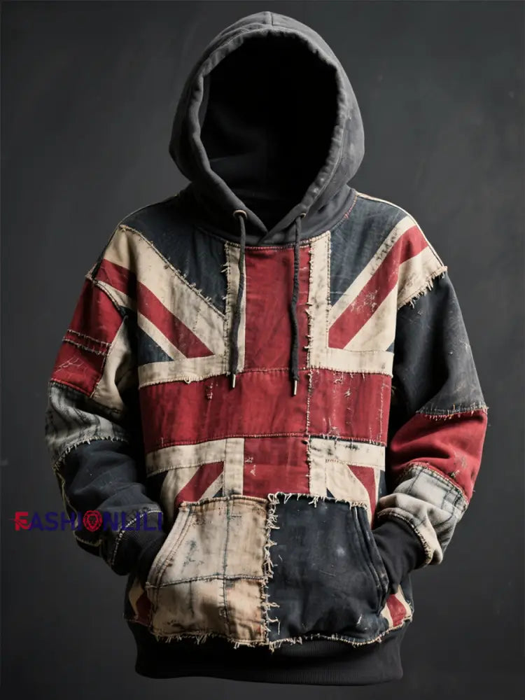 Unisex Union Jack and patchwork printed Oversized Drop-Shoulder Hoodie with Pockets As picture / S