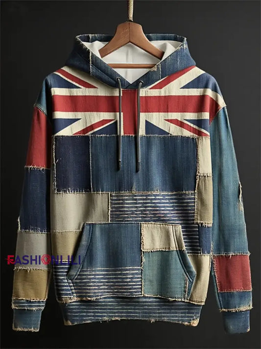 Unisex Union Jack and patchwork printed Oversized Drop-Shoulder Hoodie with Pockets As picture / S