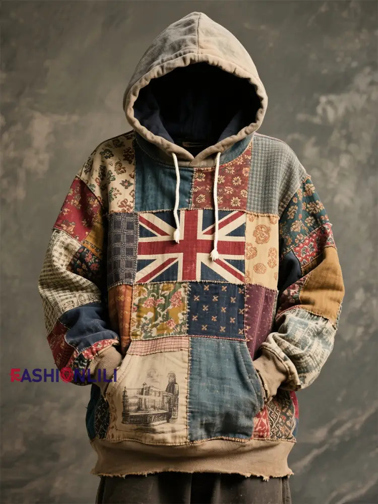 Unisex Union Jack and patchwork printed Oversized Drop-Shoulder Hoodie with Pockets As picture / S