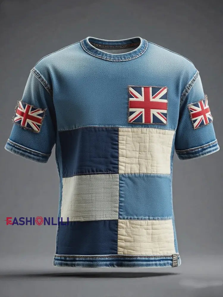 Unisex Union Jack and patchwork printed short sleeves t-shirt As picture / S