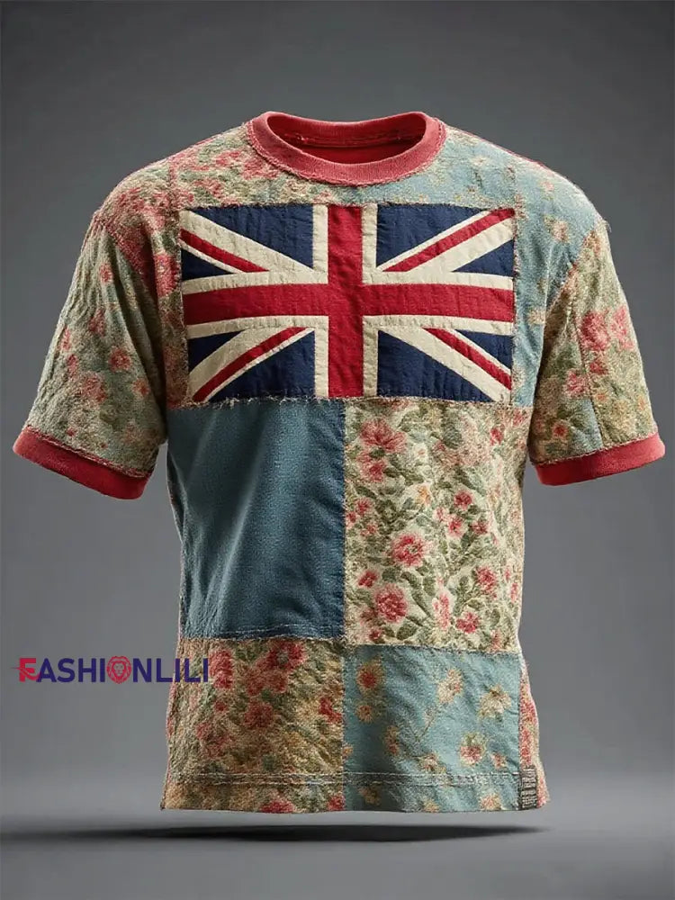 Unisex Union Jack and patchwork printed short sleeves t-shirt As picture / S