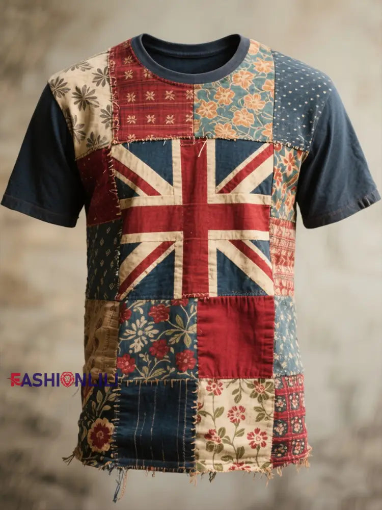 Unisex Union Jack and patchwork printed short sleeves t-shirt As picture / S
