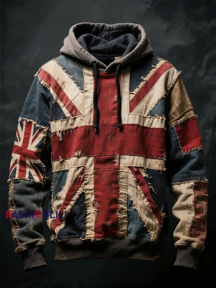 Unisex Union Jack and patchwork style Printed Oversized Drop-Shoulder Hoodie with Pockets As picture / S