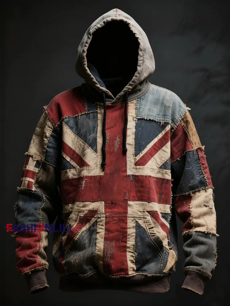 Unisex Union Jack and patchwork style Printed Oversized Drop-Shoulder Hoodie with Pockets As picture / S