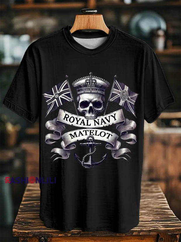 Unisex Vintage Royal Navy Matelot Skull Print Casual Tee Black / S